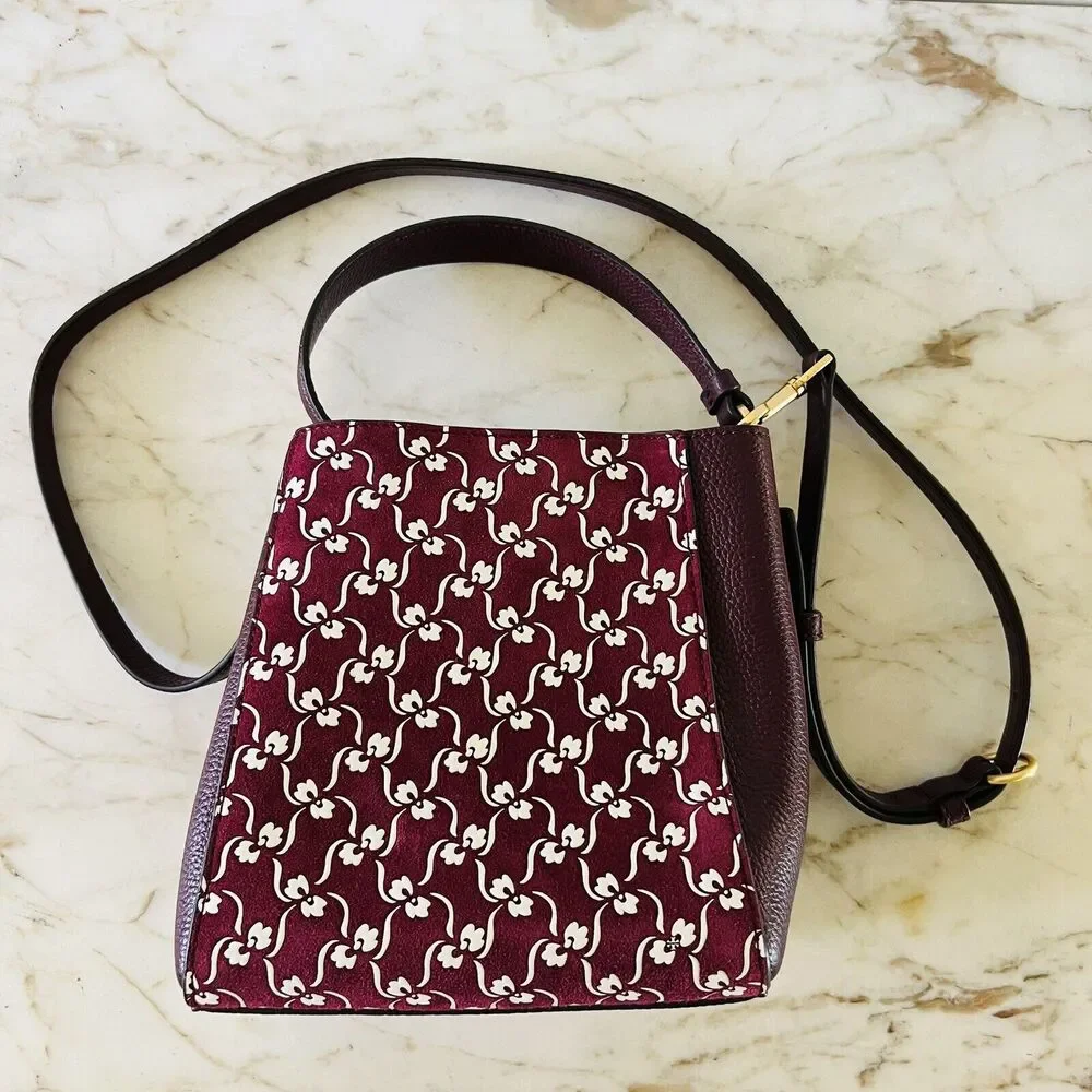 TORY BURCH McGraw Burgundy Leather High Frequency Small Bucket Crossbody Bag